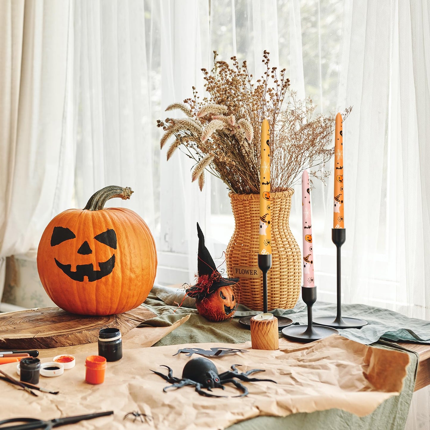 Whaline 8Pcs Halloween Taper Candles 10 Inch Orange Pink Ghost Pumpkin Decorative Candles Long Unscented Candle Sticks for Trick or Treat Party Home Table Decor