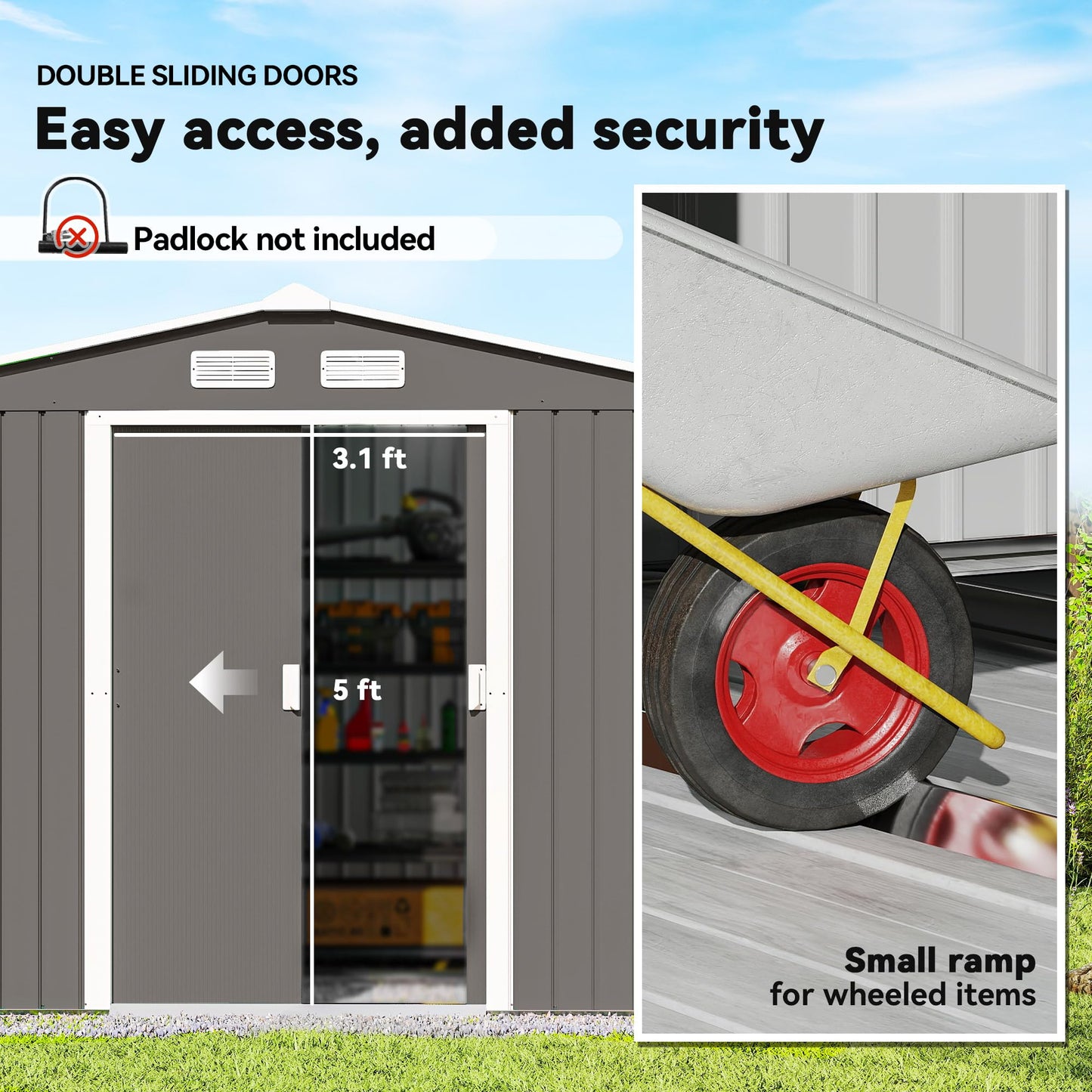 Outsunny 9' x 6' Outdoor Storage Shed, Garden Tool Metal Shed with Foundation Kit, Double Lockable Door, Air Vents and Sloping Roof, for Backyard, Patio, Lawn, Light Gray