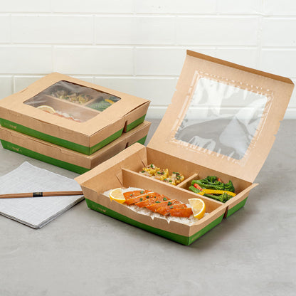 Restaurantware Paper Bento Box 100 Count 78 Ounces Paper Lunch Container Kraft Food Box, Greaseproof Disposable Three Compartment Meal Prep Box with Transparent PLA window