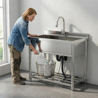 GGW Stainless Steel Large Utility Sink Single Bowl, Freestanding Laundry Sink with Pull-Out Faucet, Utility Sink for Laundry Room, Garage, Kitchen, Outdoor/Indoor Use, W35.4" x D22.4" x H37"