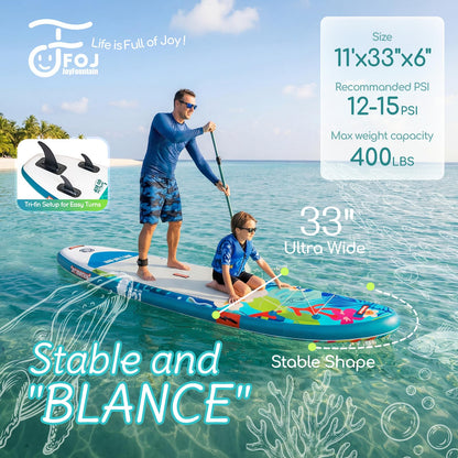 FOJ JOYFOUNTAIN 10'/11' Inflatable Stand Up Paddle Board with Premium SUP Paddleboard Accessories, Wide Stable Anti-Slip EVA Deck,Paddle Boards for Adults & Youth of All Skill Levels (11' Whale)
