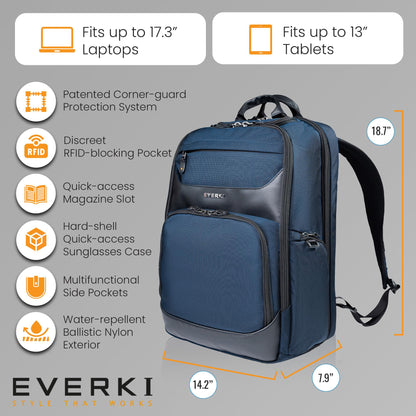 EVERKI Onyx Premium Business Executive Laptop Backpack + Compression Packing Cube Set (S & M), 36L Capacity, 17.3" Laptop Compartment, Durable Water-Repellent Nylon & Leather Office Backpack - Navy