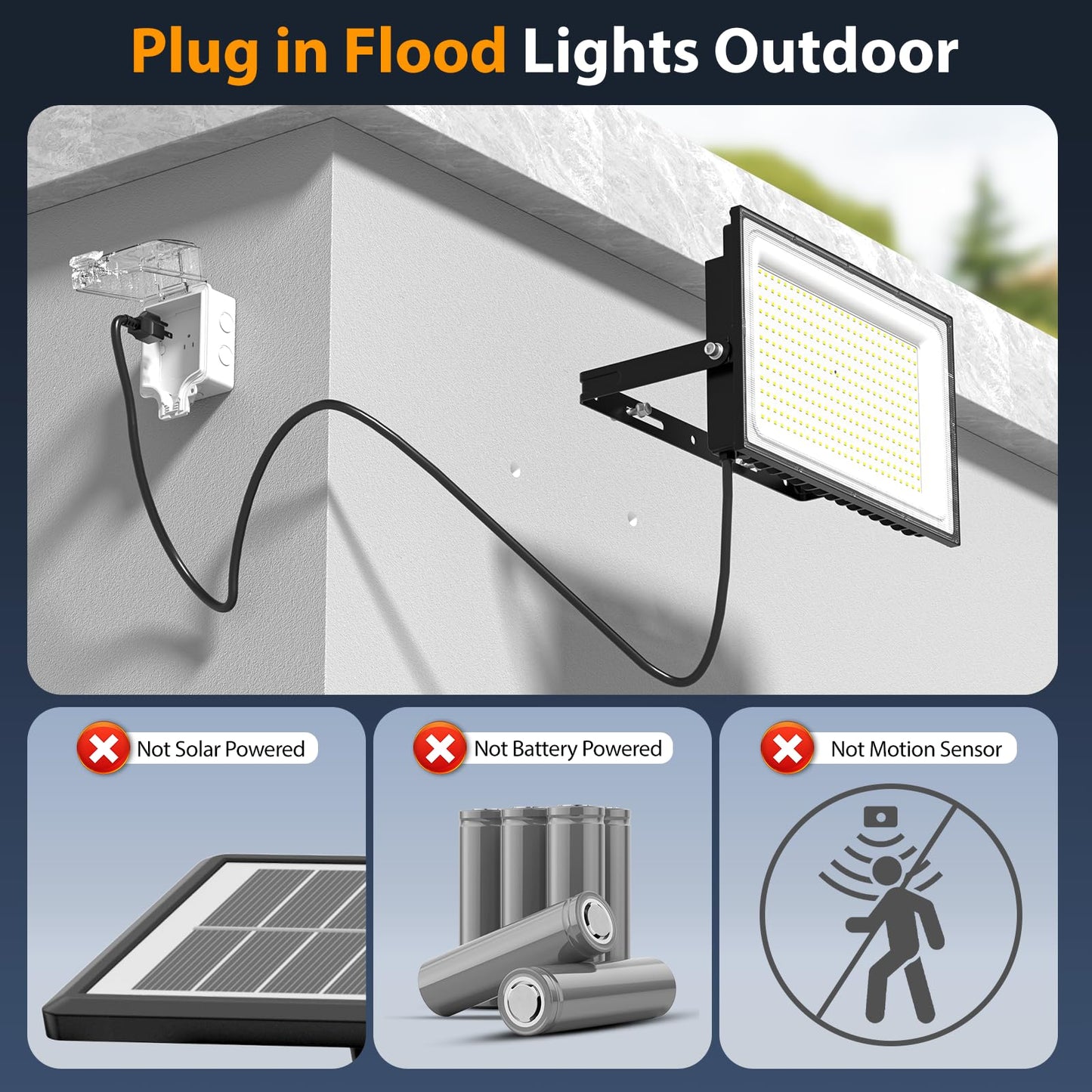 Onforu 300W Flood Lights Outdoor,30000lm Bright LED Work Light with Plug,Daylight White LED Stadium Lighrs,IP66 Waterproof Security Yard Lights for Yard Garage Stadium 2 Pack