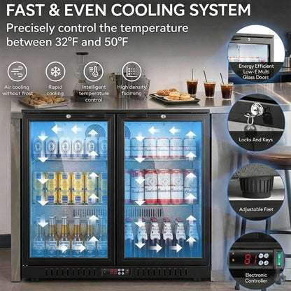 BODEGACOOLER 35.4 Inch Under Counter Beverage Refrigerator, 2 Door Back Bar Cooler, Dual Zone 32–50°F, 7.4 Cu.Ft Built-in or Freestanding Glass Door Fridge with LED Lighting, Holds 216 Cans/62 Bottles