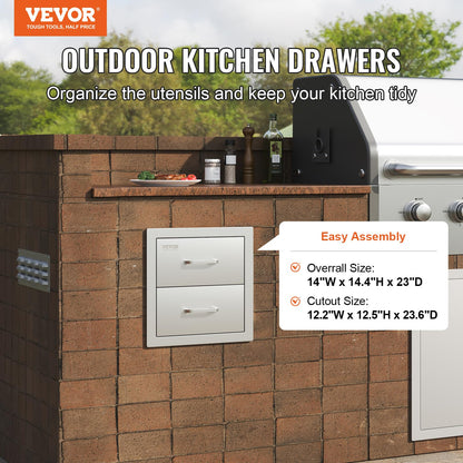 VEVOR Outdoor Kitchen Cabinets 14W x 14.3H x 23D Inch, BBQ Island Drawers Stainless Steel, Flush Mount Double with Handle, BBQ Island for Outdoor Kitchens or Grill Station