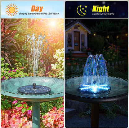 Skiennix Solar Bird Bath Fountain - Upgraded 4W Water Pump with 4000mAh Battery & 7 Nozzles | Colorful LED Lights for Garden & Pond