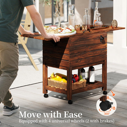SPORFIT 54 Quart Rolling Patio Cooler Cart, Pine Wood Ice Chest Bar Cart with Drain, Fold Down Shelves & Bottle Opener, Outdoor Beverage Cooler Cart on Wheels for Parties Backyard Poolside Deck