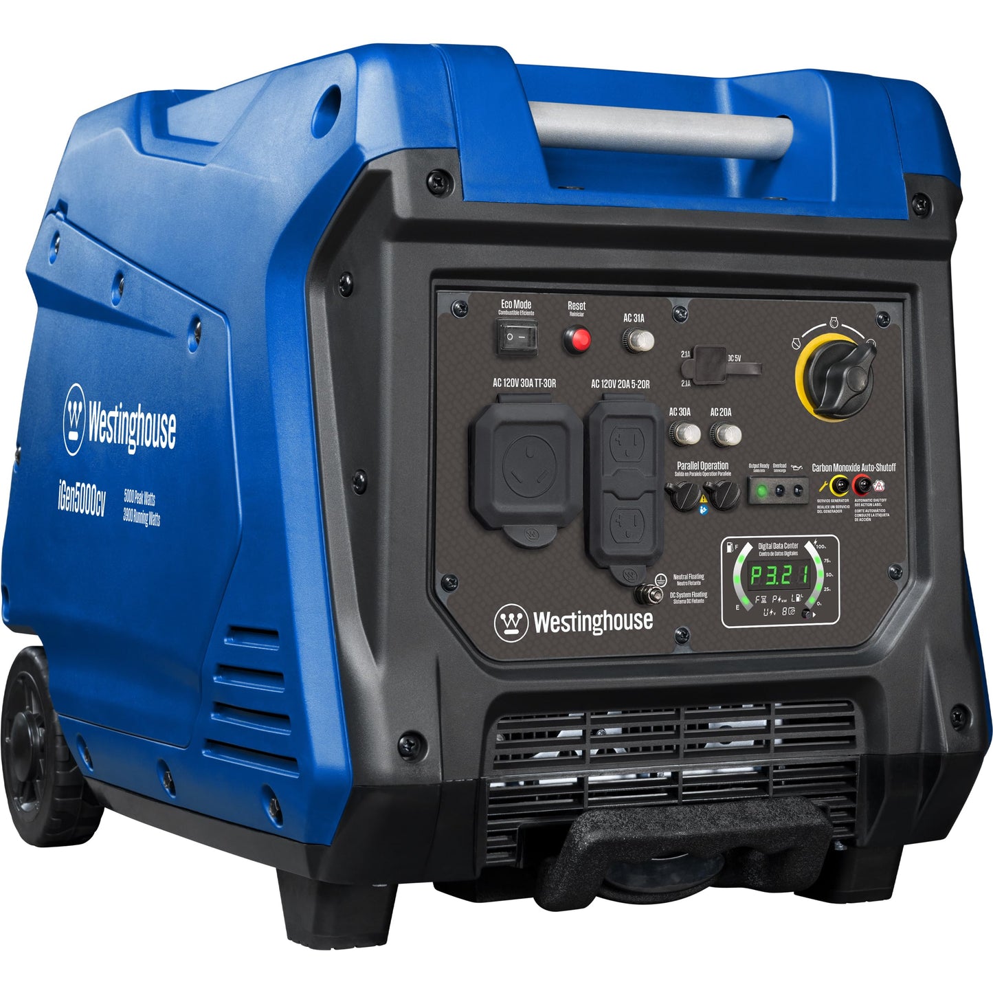 Westinghouse 5000 Peak Watt Super Quiet Portable Inverter Generator, Wheel & Handle Kit, RV Ready 30A Outlet, Gas Powered, CO Sensor, Parallel Capable,Blue