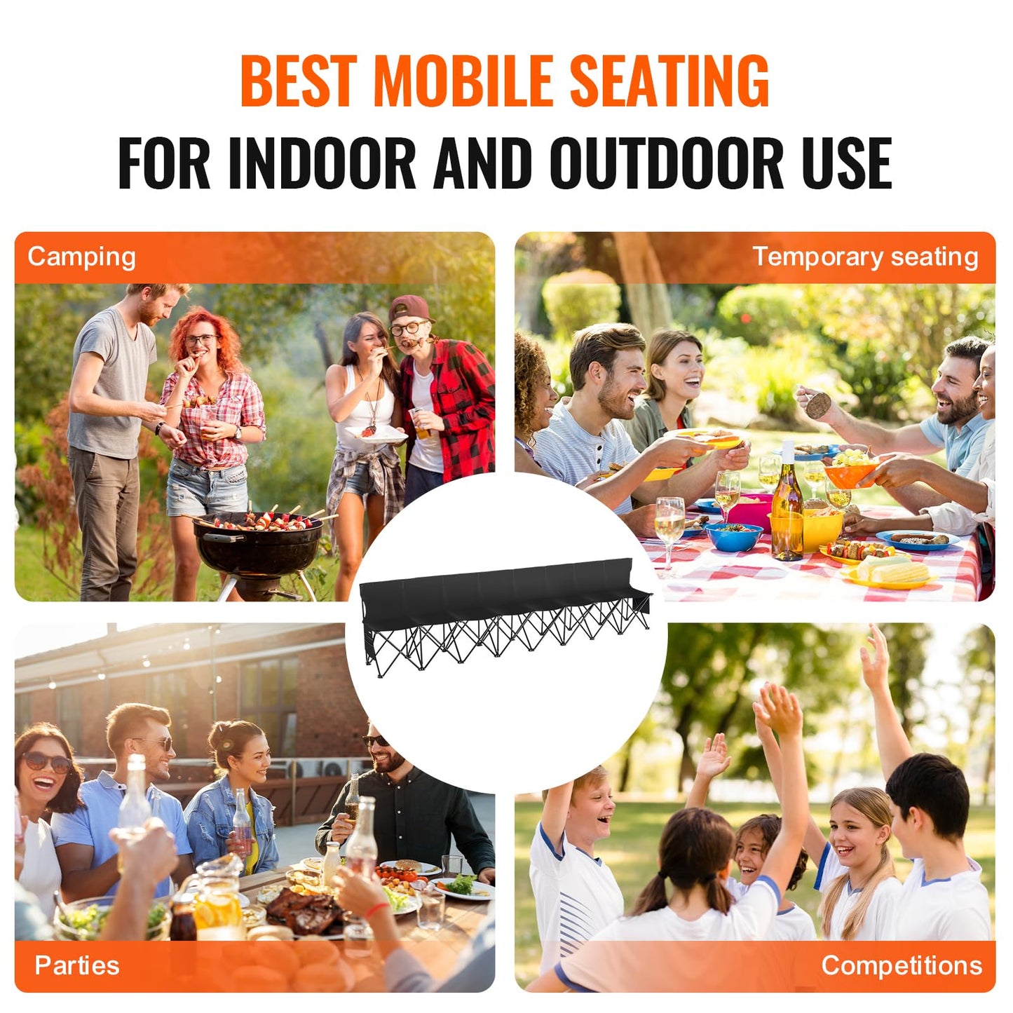 VEVOR Portable Folding Bench, 8 Seats Foldable Sideline Bench, Outdoor Camping Bench Chair with Carry Bag & Backrest, Team Sport Sideline Bench for Football Fishing, No Assembly Instant Seating, Black