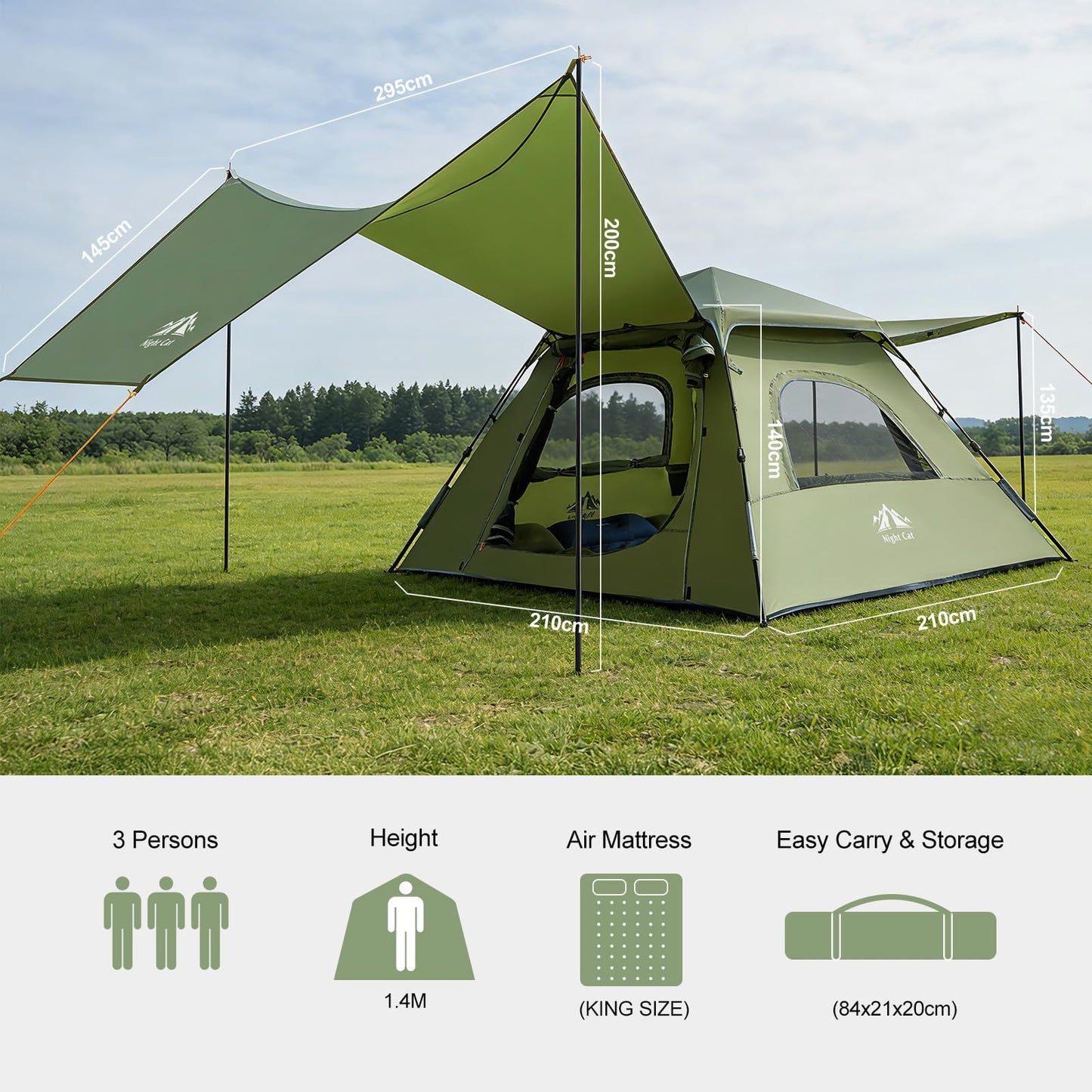 Night Cat 3-Person Camping Tent: Waterproof Instant Cabin Tent with Canopy Tarp for Family, 2-in-1 Canopy Tent with Porch Easy Setup