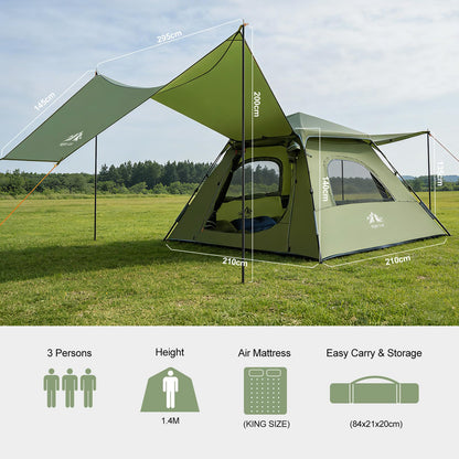 Night Cat 3-Person Camping Tent: Waterproof Instant Cabin Tent with Canopy Tarp for Family, 2-in-1 Canopy Tent with Porch Easy Setup