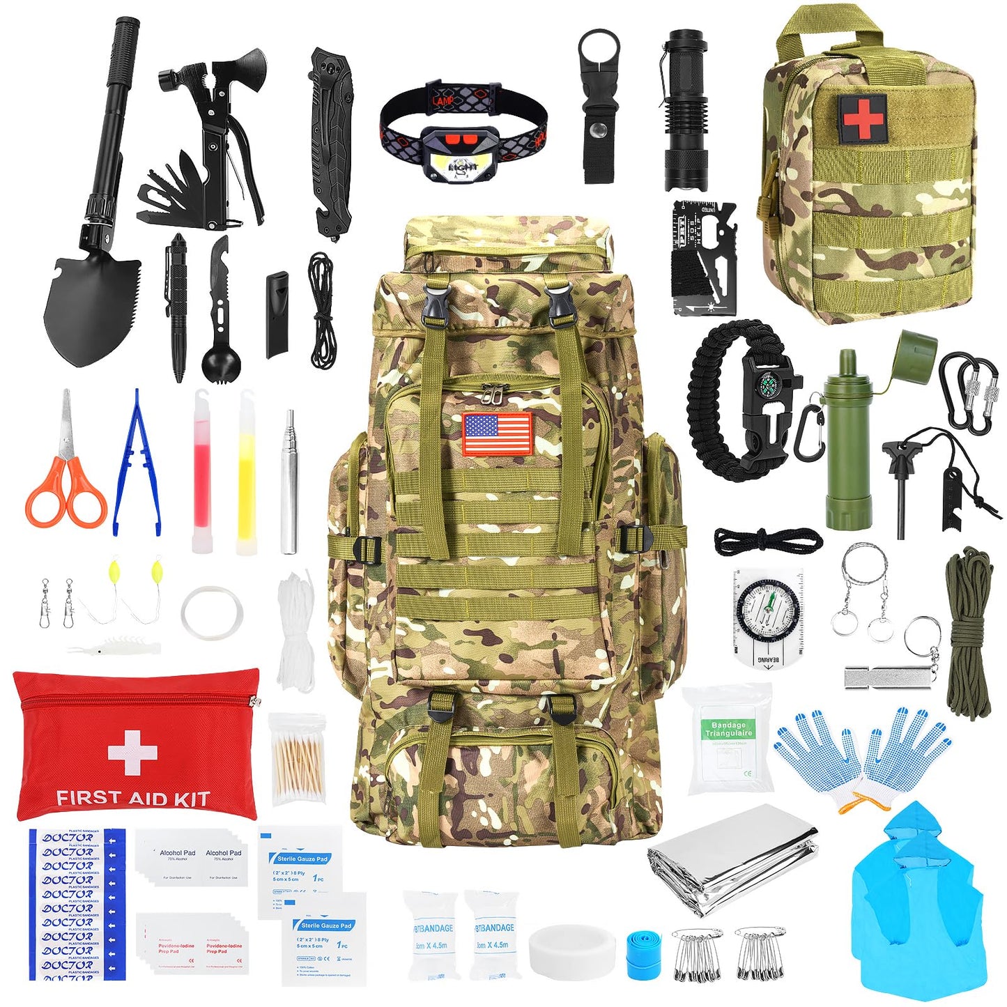 Skywod,Survival Gear Professional Kit and Large Camping Backpack,First Aid Kit for Adventure Outdoor Hiking Accessories (Outdoor camo)