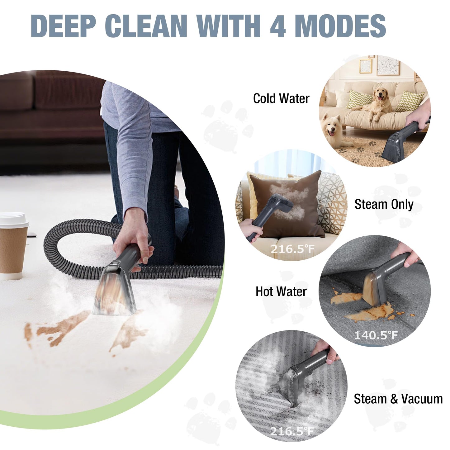 WORKPRO Steam Portable Carpet and Upholstery Cleaner, 16KPa Upholstery Cleaner Machine with Steam & Heating System, 4 Cleaning Modes & Versatile Tools, Spot Cleaner for Pet Stains, Couch, Car Seat
