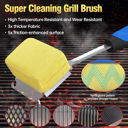 Grill Brush - Bristle-Free BBQ Cleaner with Replaceable Head & Extended Handle | Safe for Cast Iron & Stainless Steel Grates - Blue
