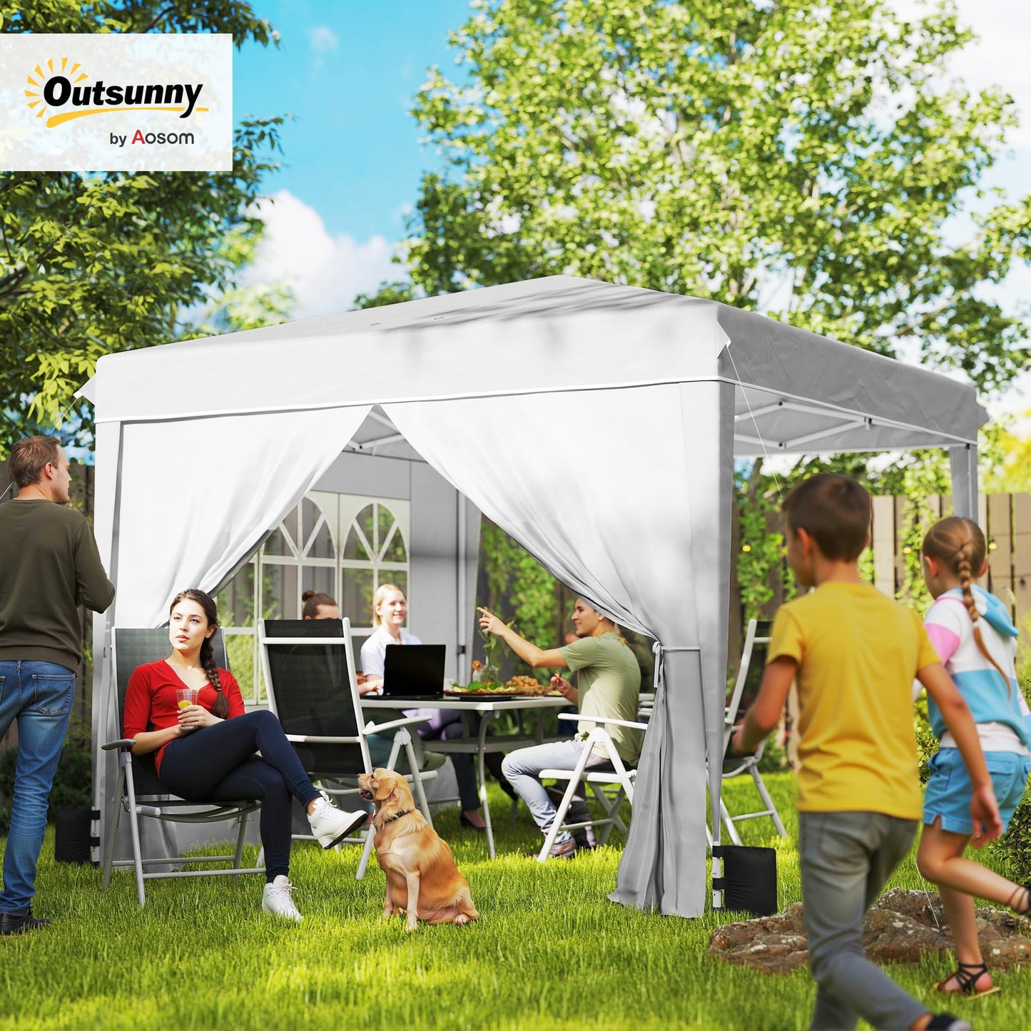 Outsunny 10 x 10 ft Pop Up Canopy Tent with Sidewalls, UPF50+ Outdoor Portable Instant Canopy Shelter with Carry Bag, Sandbags, Adjustable Height for Parties, Events, Camping, White