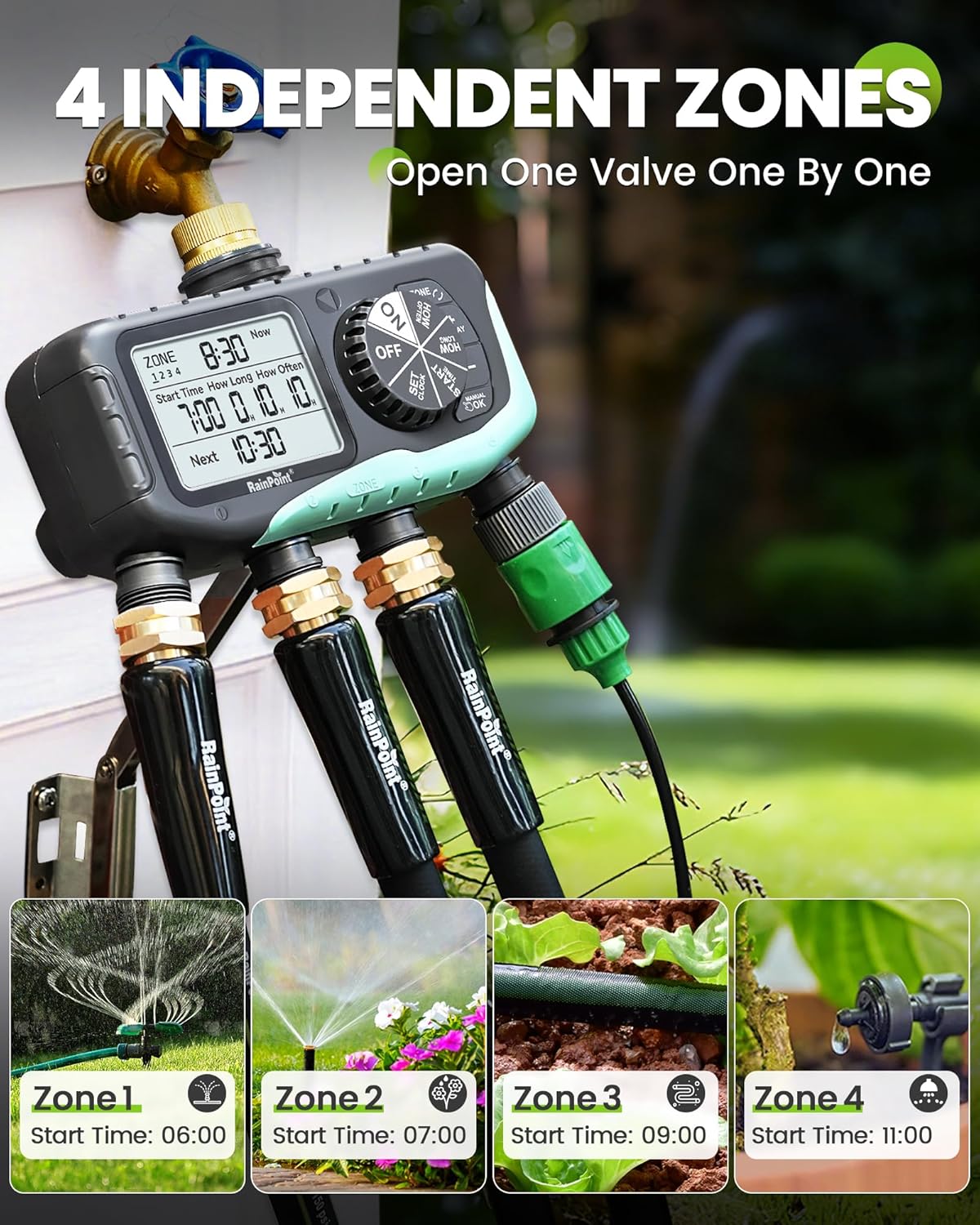 RAINPOINT 4-Zone Sprinkler Timer - Digital Watering System with Rain Delay & Manual Control for Garden Hose