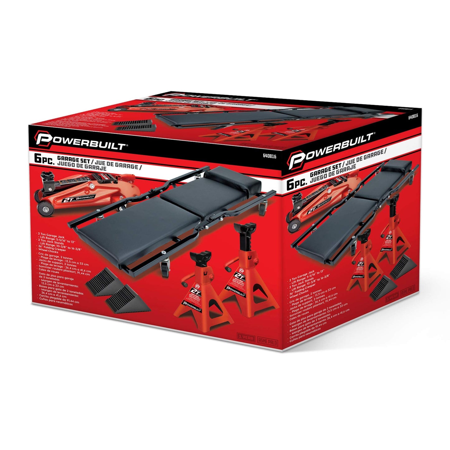 Powerbuilt 6 Piece Car Jack and Garage Creeper Service Set, 2 Ton Vehicle Lift, Jackstands, Folding Creeper, Wheel Chocks, Car Repair Garage Equipment - 640816, Large, Red