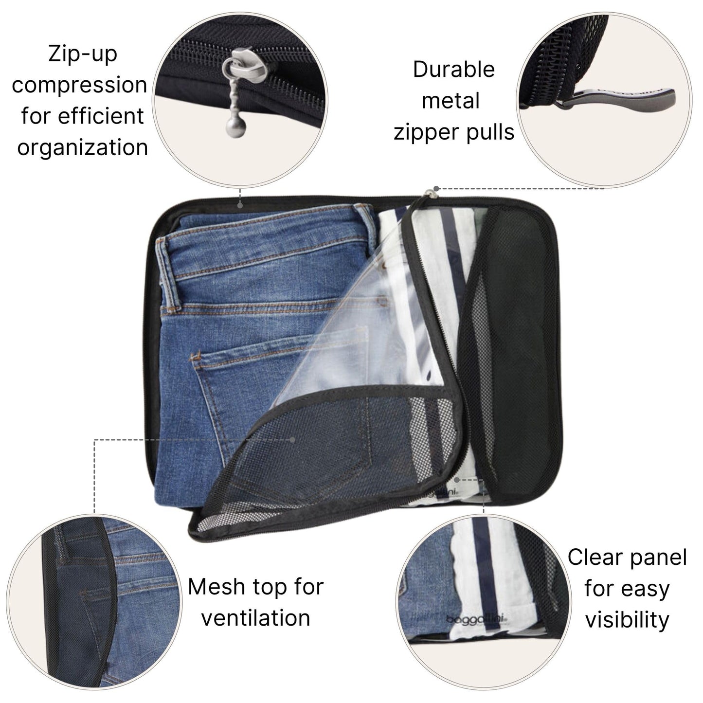 Baggallini Travel Accessory Bundle - Compression Cube 3-piece set + Clear Travel Pouches + Small Pocket Cosmetic + Hanging Travel Toiletry Kit