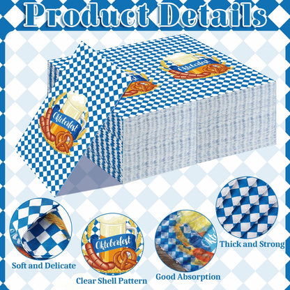 Crtiin 200 Pieces Oktoberfest Paper Napkins Disposable Blue and White Bavarian Flag Check Luncheon Decorative Paper Napkins for Beer Theme Oktoberfest Decoration Party Supplies
