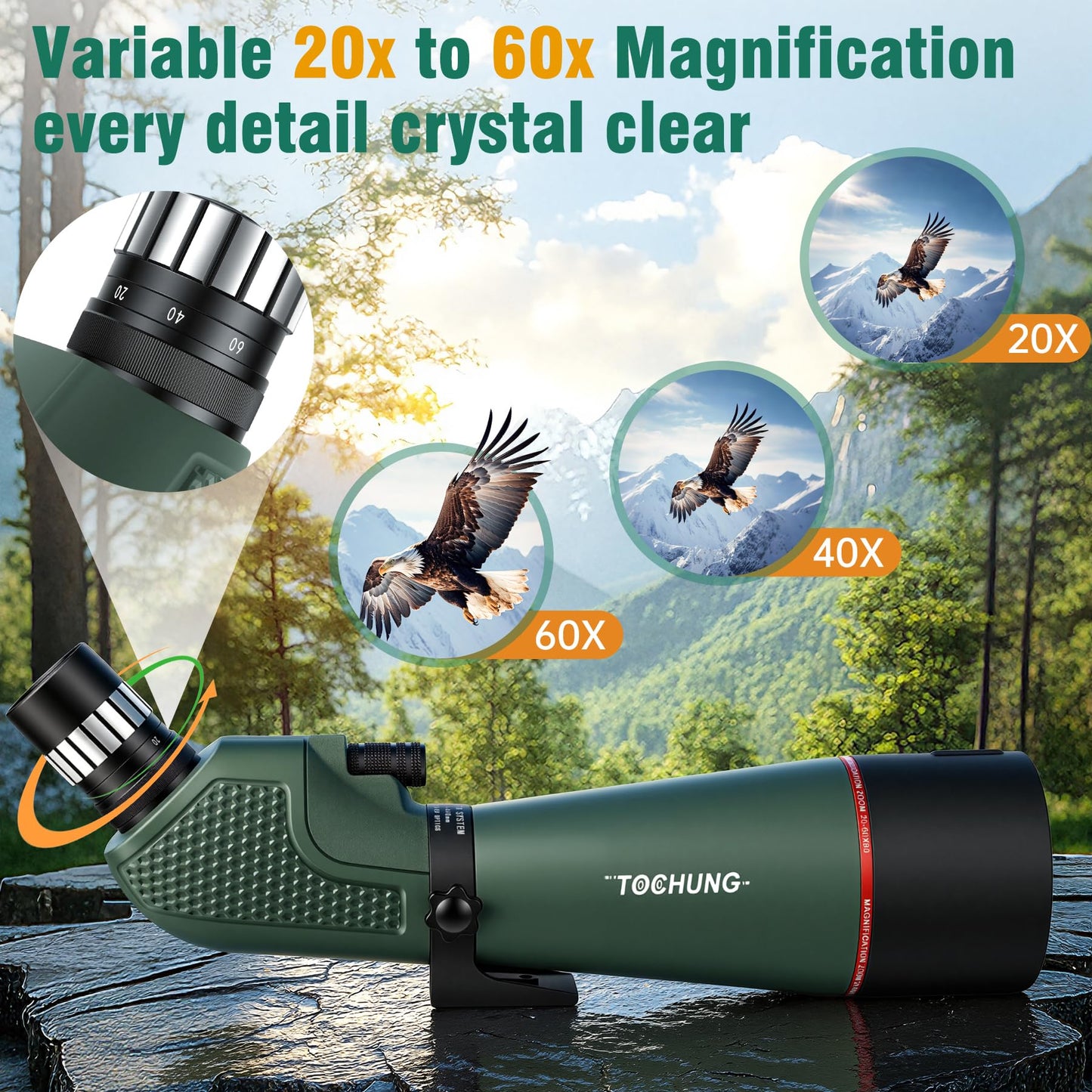 TOCHUNG 20-60x80 HD Spotting Scope | Waterproof & Fogproof High-Powered Telescope for Long-Distance Birdwatching, Target Shooting, Astronomy | Included Phone Adapter & Tripod & Carry Bag