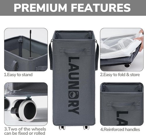 Goodpick Laundry Basket - Rolling Hamper with Removable Wash Bag | 75L Capacity, Grey Color