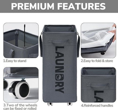 Goodpick Laundry Basket - Rolling Hamper with Removable Wash Bag | 75L Capacity, Grey Color