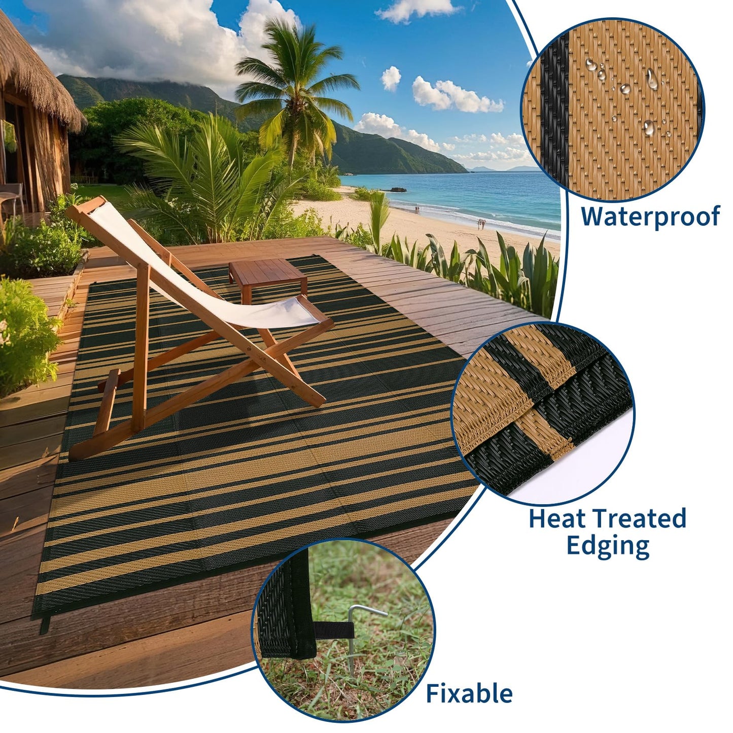 LUXLOOM Outdoor Plastic Straw Rug 9x18 Large Washable Floor Mat Modern Lines Waterproof Rug for Patio Reversible Rugs for Outdoors RV Beach Patio Camping Backyard Deck Picnic Outside Black Brown