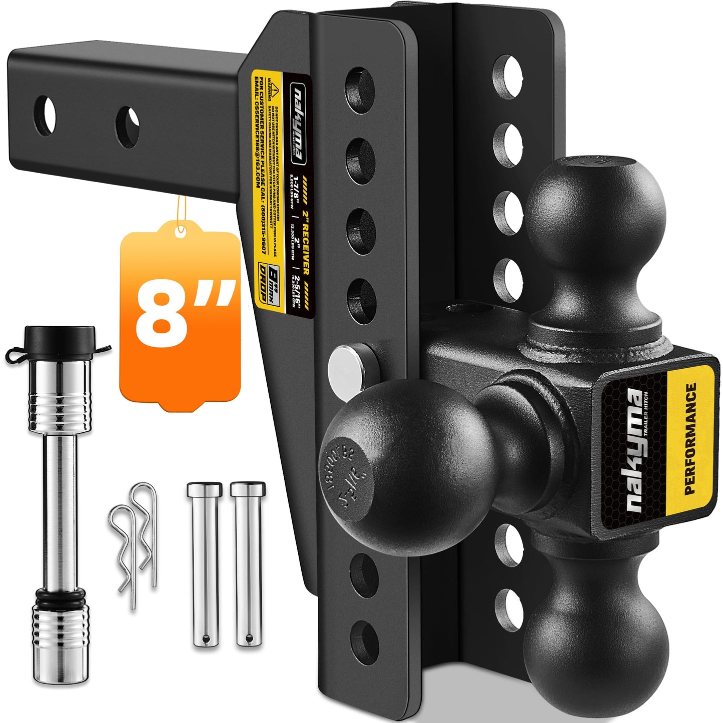 Adjustable Drop Hitch, 8 Inch Drop Down Trailer Hitch, Tri-Ball(1-7/8'', 2'', 2-5/16'') Tow Hitch, Fits 2-Inch Receiver, Max 16,500 LBS GTW - Truck Hitch with Double Anti-Theft Pins Locks