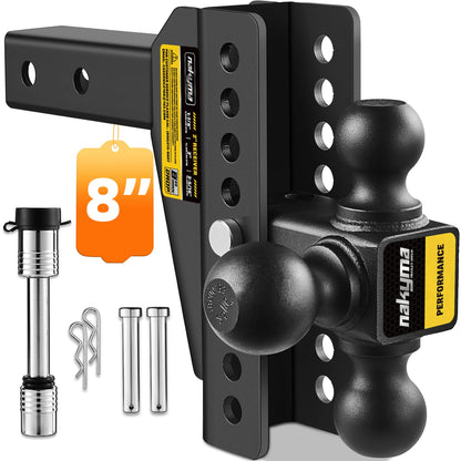 Adjustable Drop Hitch, 8 Inch Drop Down Trailer Hitch, Tri-Ball(1-7/8'', 2'', 2-5/16'') Tow Hitch, Fits 2-Inch Receiver, Max 16,500 LBS GTW - Truck Hitch with Double Anti-Theft Pins Locks