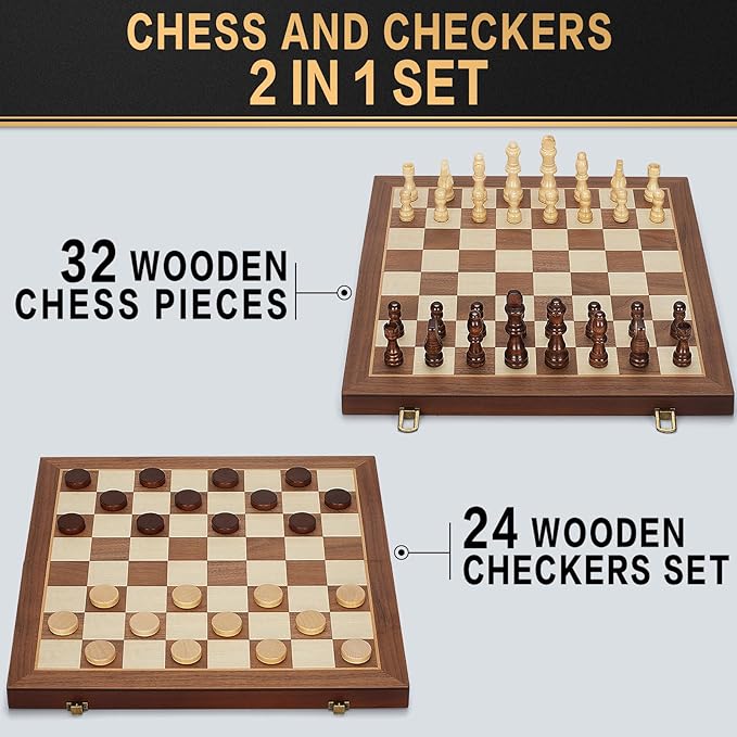 2 in 1 Magnetic Chess Set &amp Checkers Board Game 15 Wooden Folding Chess Board with 2 Extra Queens Portable Travel Chess Set with Pieces Storage Slots Beginner Chess Board Game for Adults &amp