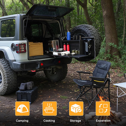 Tailgate Table Storage Lock Box Compatible with Jeep Wrangler JK JKU JL JLU 4 Door, Aluminum Foldable Rear Cargo Shelf MOLLE Panel Camping Desk Organizer