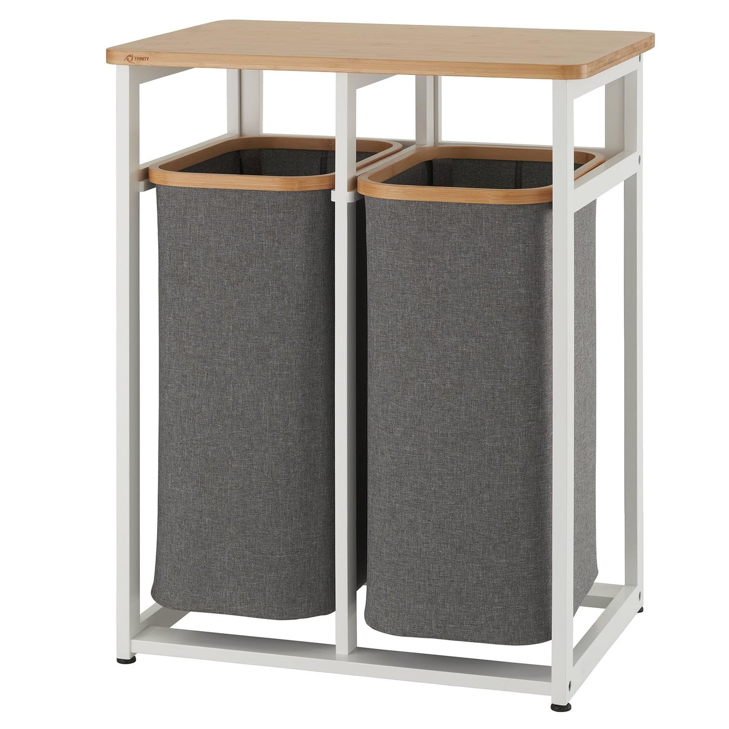 TRINITY EcoStorage Bamboo Wood Laundry Organizer Station with Folding Shelf and 2 Pull-Out Removeable Hamper Bags, White