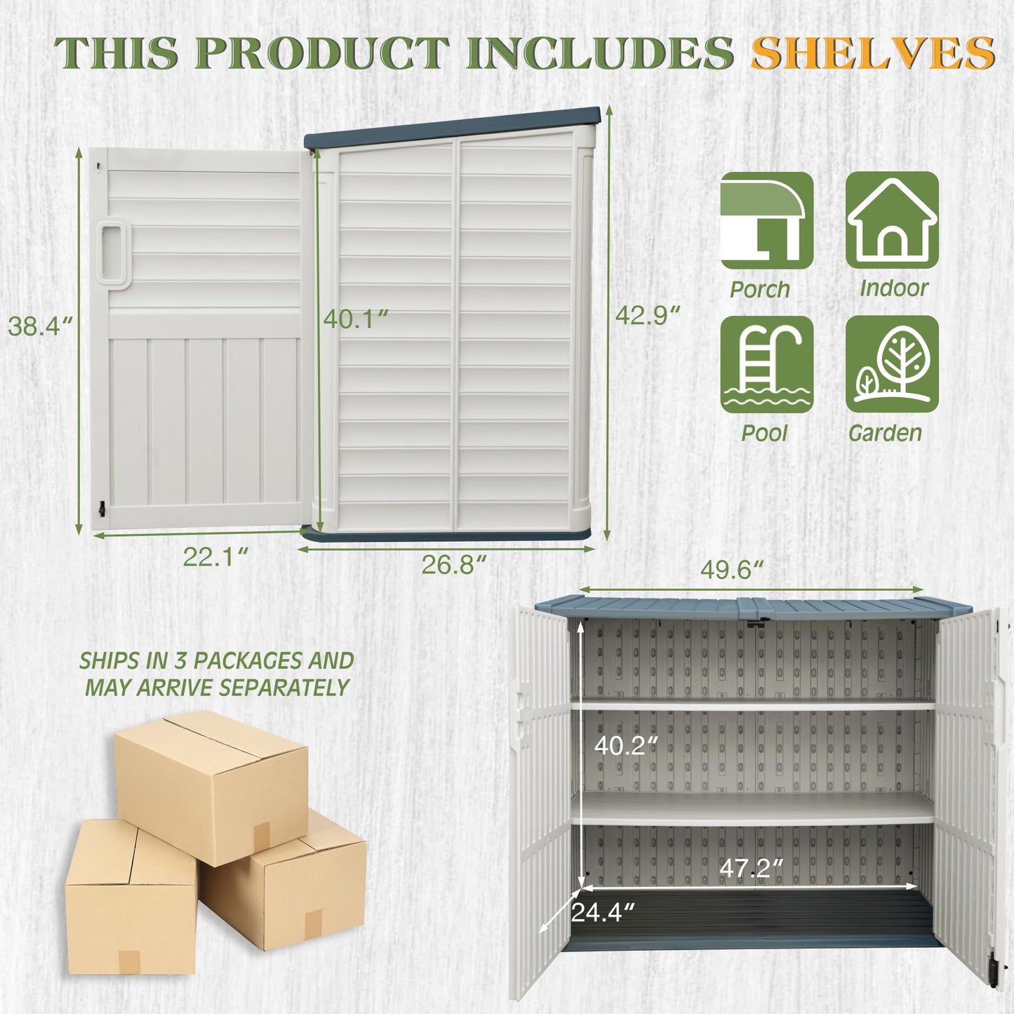 Greesum Outdoor Trash Can Storage Shed, 34 Cu.ft Waterproof Horizontal Storage Shed, Portable Horizontal Resin Storage Shed for Garden, Backyard, Patio, White