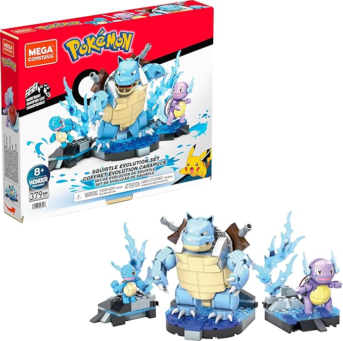 MEGA Pokémon Action Figure Building Toys for Kids Squirtle Evolution Set with 379 Pieces 3 Characters Wartortle and Blastoise