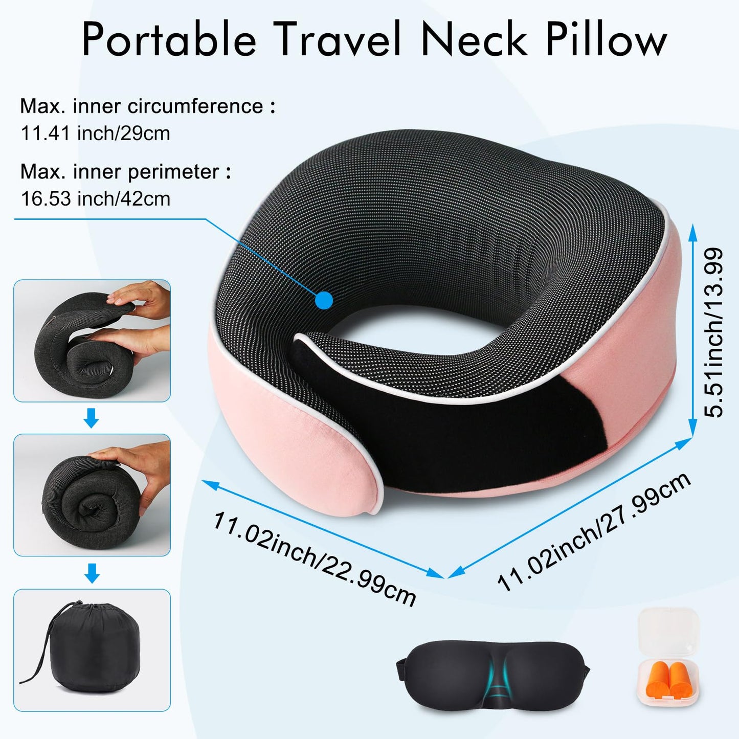 Neck Pillow for Travel, Airplane Memory Foam Plane Pillow Adjustable 12-18", Lightweight Breathable Flight Pillow with Pouch, Office & Car Use, Durable Washable Fabric Pink