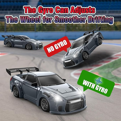 ACAMMZAR Mini RC Drift Car with Gyro 1:43 4WD Full Proportional RC Cars 18KM/H High Speed Remote Control Car with Lights Extra Racing Tires Vehicle for Adults Kids Boys Light Gray