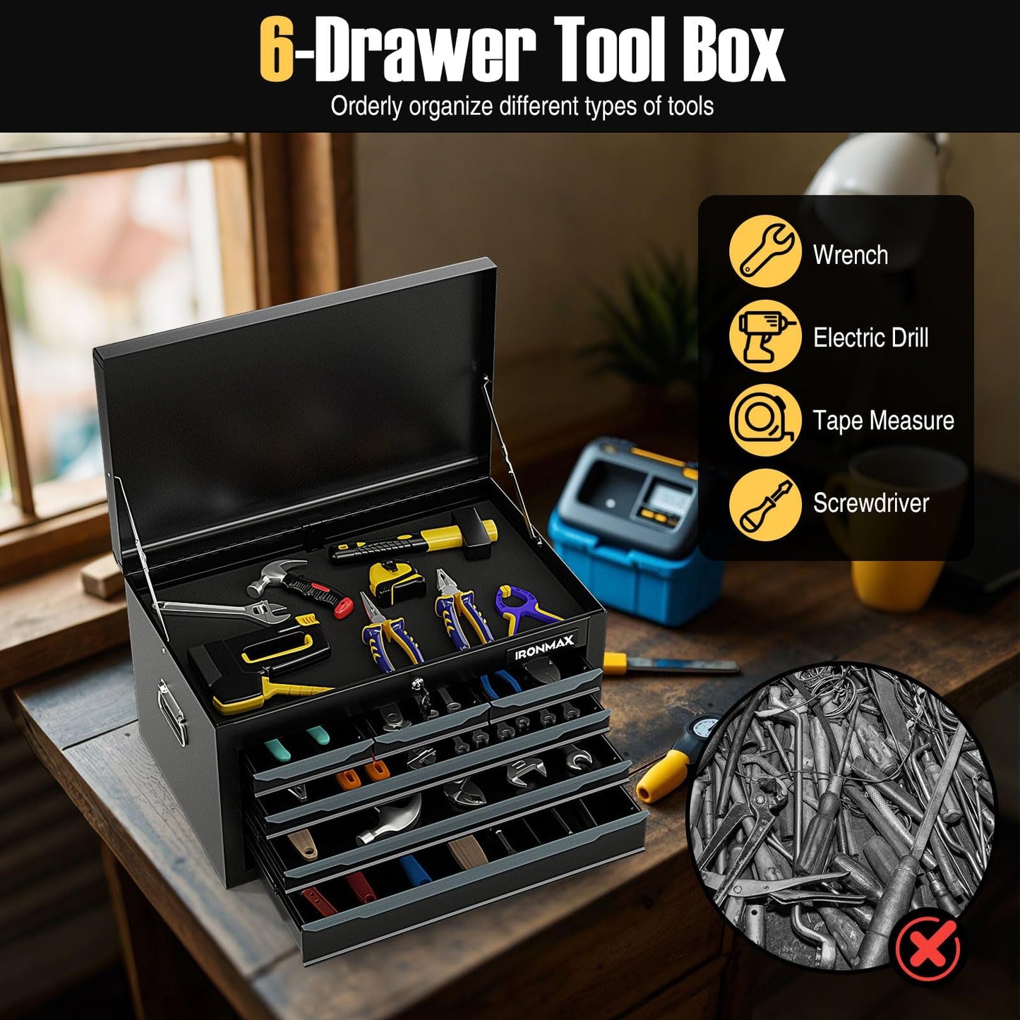 ERGOMASTER Steel Tool Box, 24'' Metal Tool Box with 6 Drawers, Lockable Heavy Duty Tool Chest Cabinet Storage Toolbox for Garage, Workshop, Repair Shop (Black-6 Drawers)