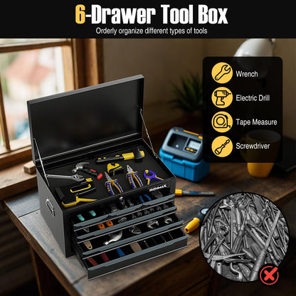 ERGOMASTER Steel Tool Box, 24'' Metal Tool Box with 6 Drawers, Lockable Heavy Duty Tool Chest Cabinet Storage Toolbox for Garage, Workshop, Repair Shop (Black-6 Drawers)