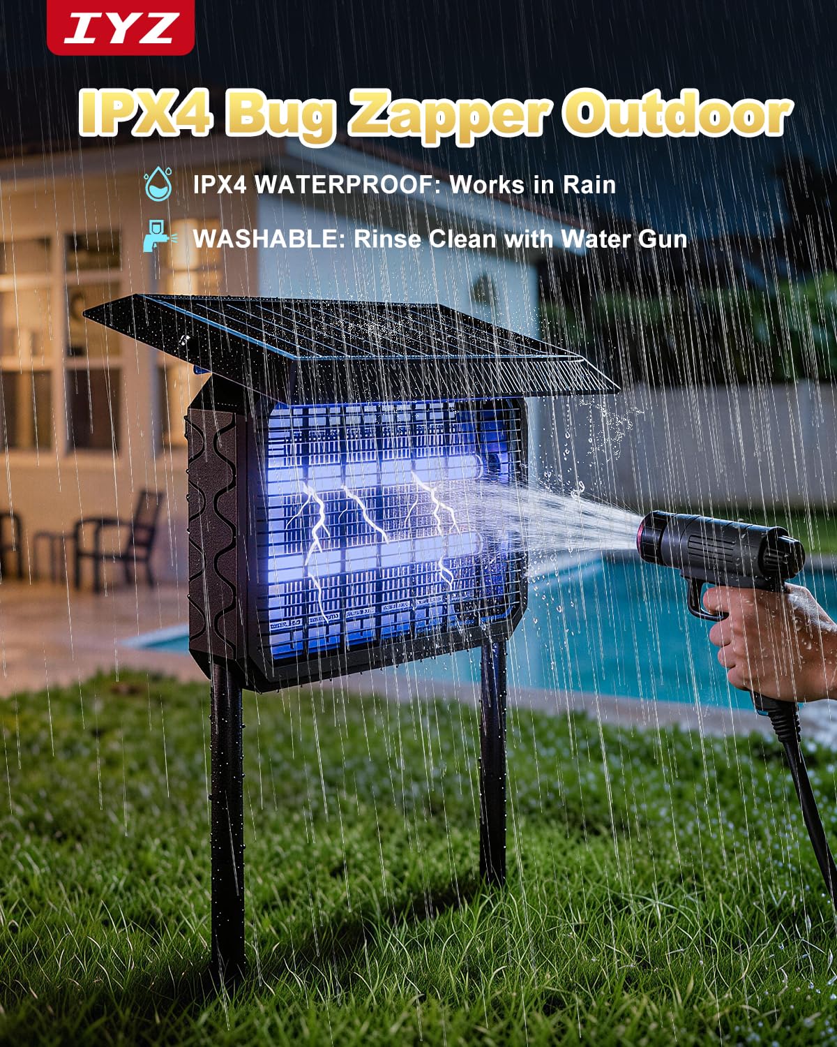 IYZ Solar Bug Zapper Outdoor, Waterproof Mosquito Zapper with Panel Sensor, Rechargeable Electric Bug Zapper Indoor Fly Trap, Camping Essentials for Patio Backyard Garden