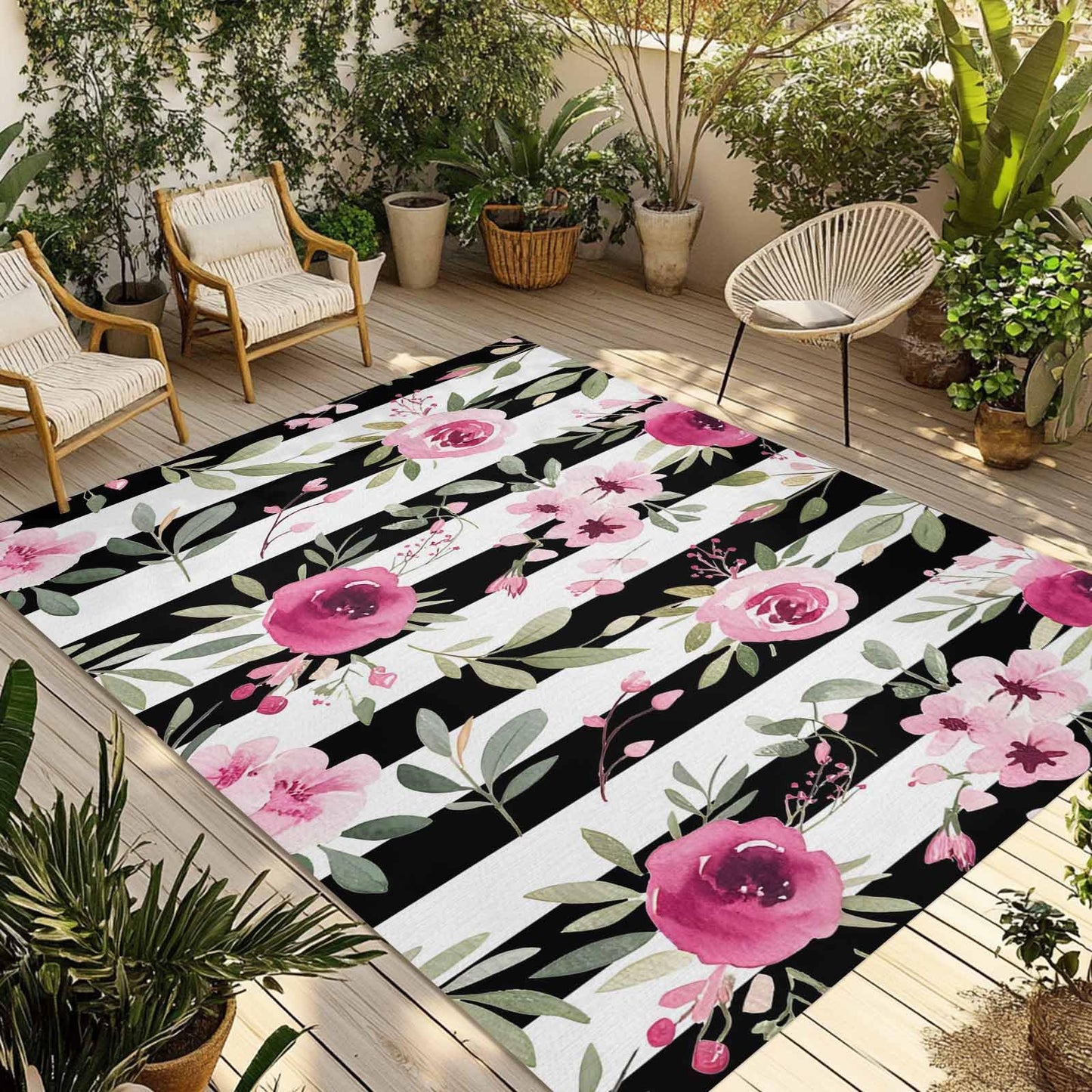 Outdoor Patio Rugs Pink Flowers Illustration Outdoor Area Rug Black and White Stripe Non-Slip Backyard/Camping RV Rug/Deck/Porch Rug Front Door Floor Mat Carpet,5x8ft,