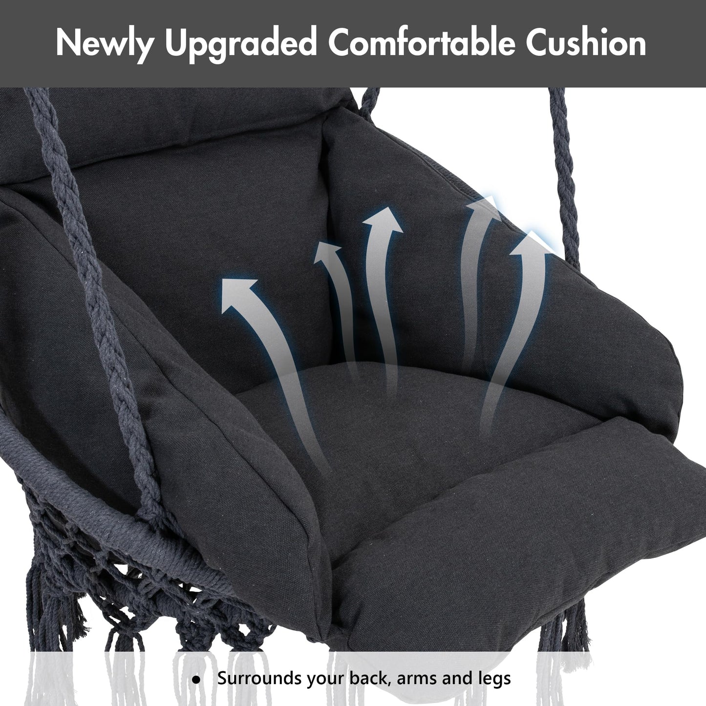 ANOW Hanging Swing Chair with Stand Included, Heavy Duty Hammock Chair with Stand and Removable Padded Cushion, Max 400 Lbs, Dark Grey