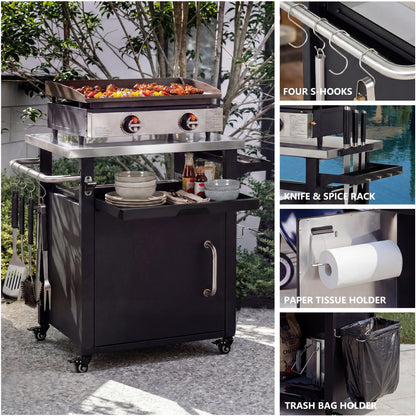 Merax 39.5" Outdoor Grill Cart with Pizza Topping Station, Grill Table Stand with Spice & Paper Rack for BBQ, Movable Food and Prep Workcart, Rolling Kitchen Island, Waterproof Cover Included, Black