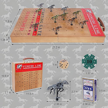 Glintoper Large 21 Horse Racing Game Horse Race Board Games with 11 Luxury Metal Horses Foldable Wood Board with 2 Dices 2 Boxes of Cards 40 Poker Chips Finish Line for Parties
