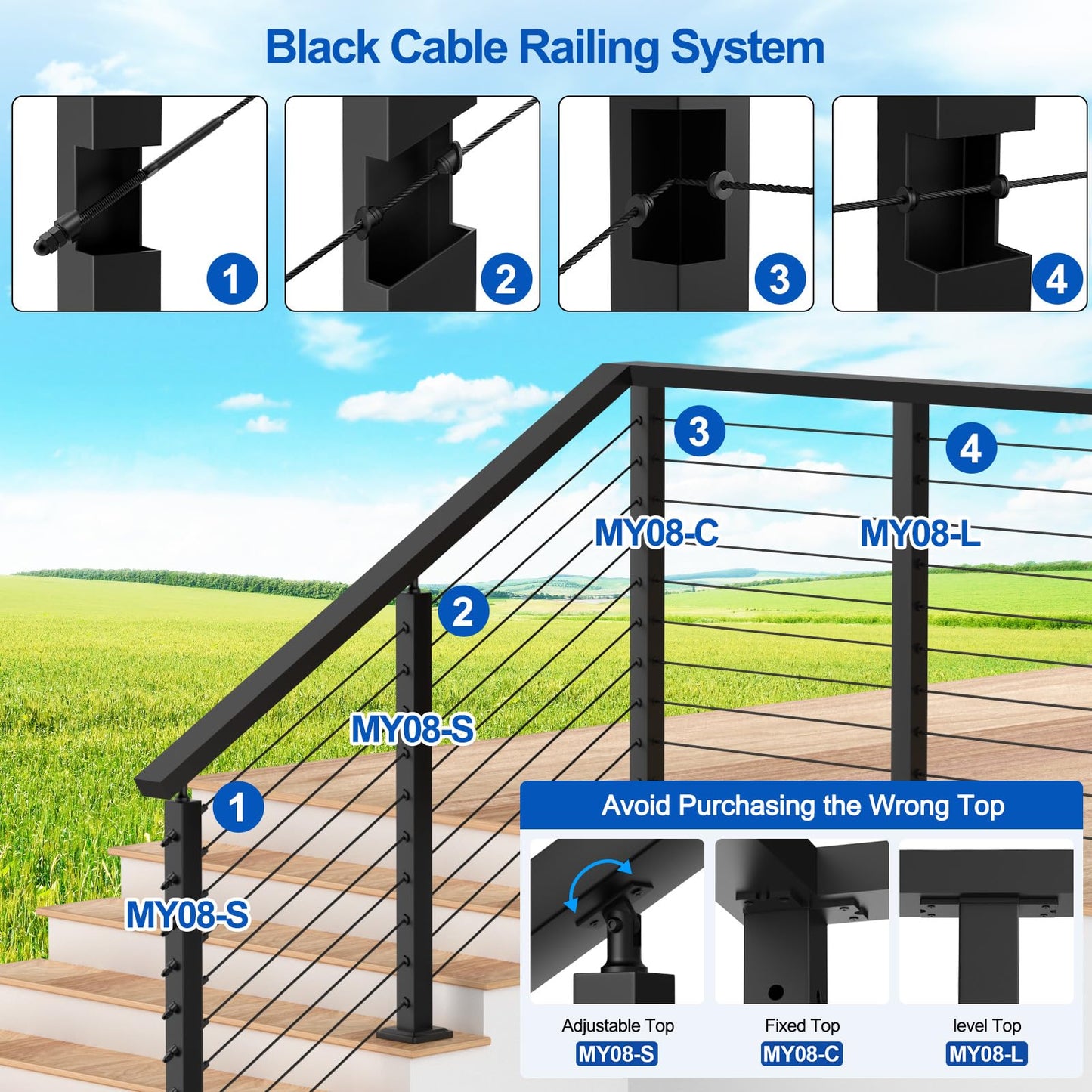 PLANTOP 12-20FT Complete Set 36" Cable Railing Post Kit(35"x2"x2"), 4pcs Stainless Steel Black Flat Top Surface Mount Level Posts,1/8" Wire Rope(No Handrail),Swageless Cable Railing System Kit,MY07-LP