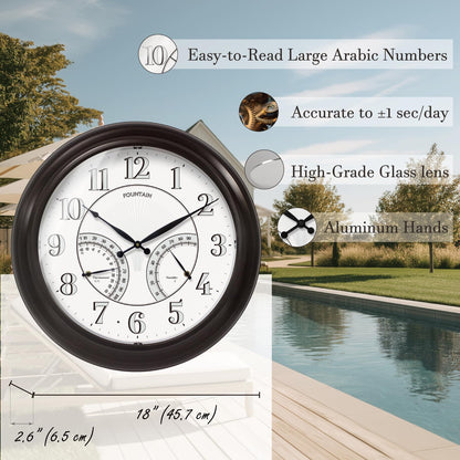 FOUNTAIN DESIGNS 24" Jameson in/Outdoor Lighted Clock, Self-Illuminated, Waterproof, 3 in 1 Weather Station (Thermometer & Hygrometer), Metal Clock, Oil Rubbed Bronze Finish(Night Light)