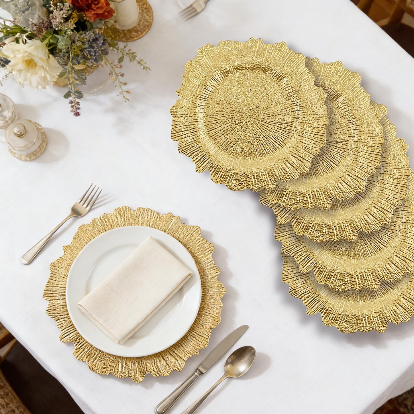 ZHTLTHZ 120-Pack 13" Gold Beaded Charger Plates – Disposable/Reusable Plastic Round Dinner Chargers, Prevents Food Overflow, Elegant Wedding Tableware, Formal Party Holiday Decor