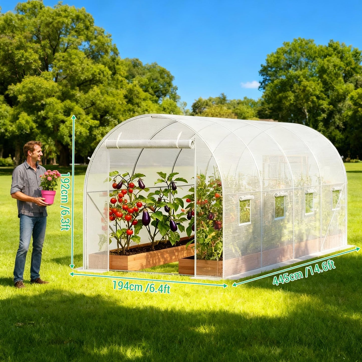 Large Walk-in Tunnel Greenhouse, 15x7x7 ft Heavy Duty Hoop House with 8 Screen Windows & Galvanized Steel Frame, Portable Outdoor Greenhouses for All Seasons White