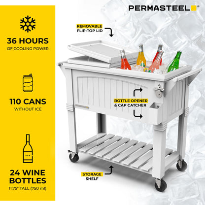 Permasteel Party Cooler with Divider, Spacious 80-Qt Capacity, Chills 36hrs, Serving Tray, Rolling Ice Chest for Indoor and Outdoor Entertainment, Matte White