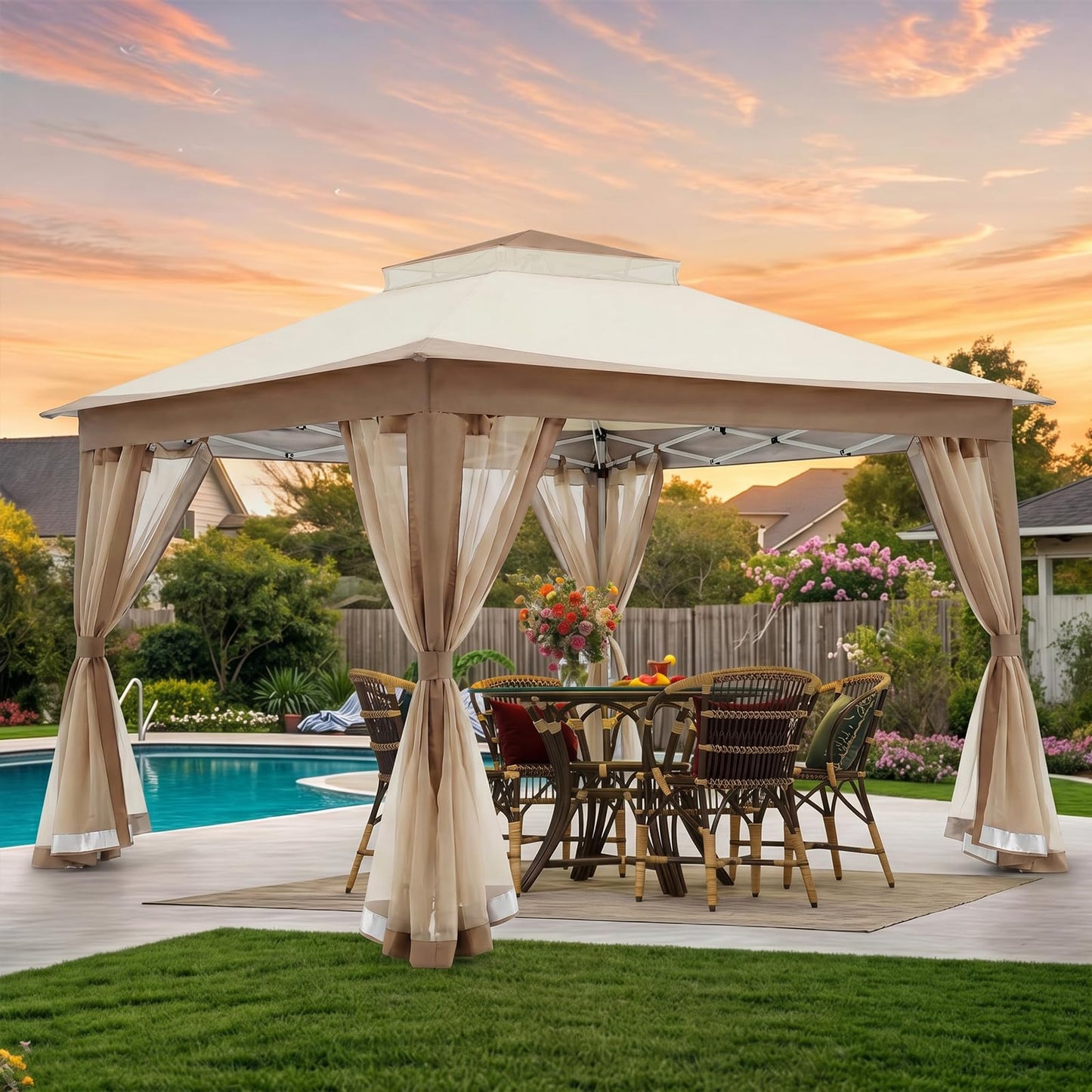 11x11 Pop Up Gazebo, Instant Waterproof Outdoor Canopy Tent with Removable Mesh Netting, UV Protection Portable Sun Shelter with Wheeled Cover Bag for Patio Backyard, Khaki