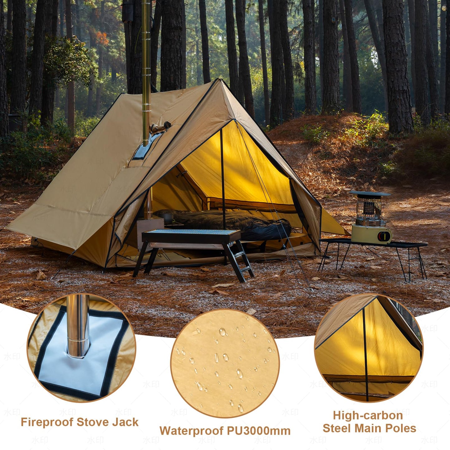 CampRavox Hot Tent with Stove Jack, 4-Season Waterproof Chalet Tent, Easy Setup Weather-Resistant Shelter for Winter Camping & Outdoor Adventures